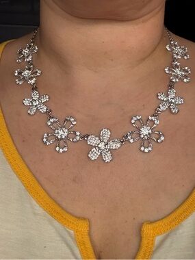 Crystal Floral Statement Necklace - Silver Tone